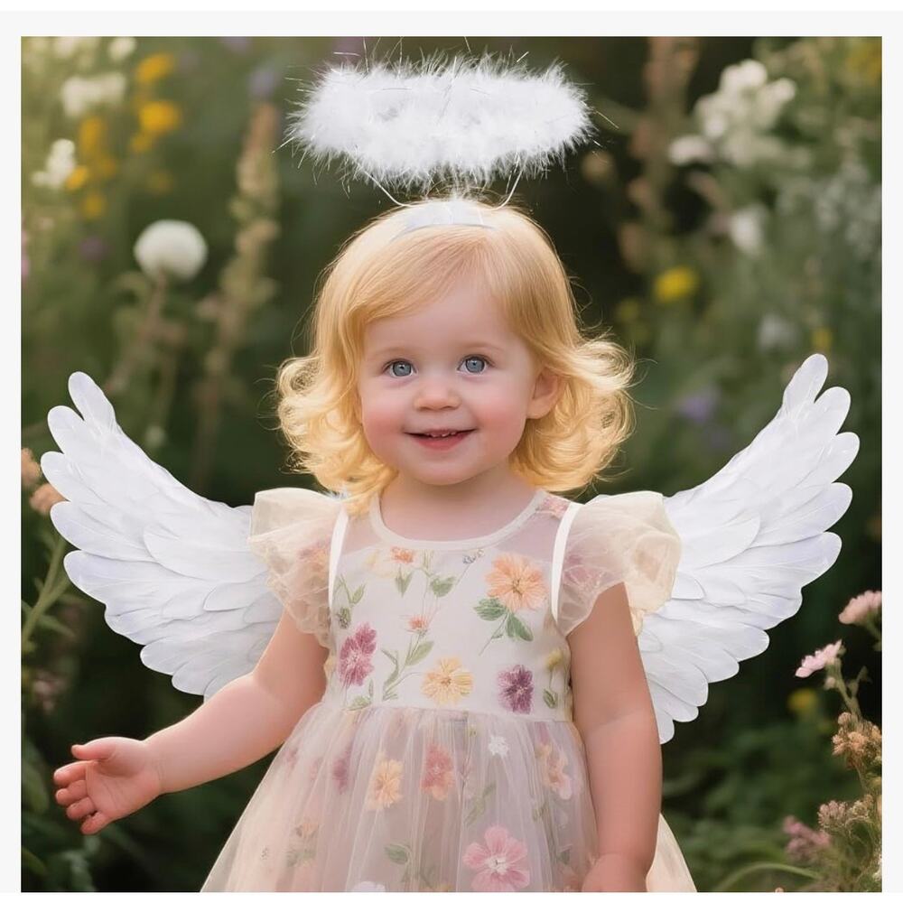 Kids 2-Piece White Feather Angel Costume Wings 23" W & Halo Set Halloween OS